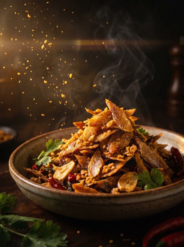 Smoky crispy tinapa fish flakes with fresh tomato and onion salsa topping - TAPA FLAKES